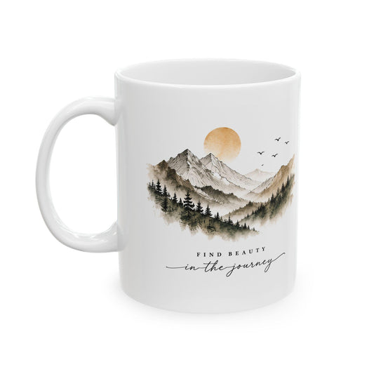 Mountain Landscape Mug | Watercolor Sunrise Mountains with Pine Trees