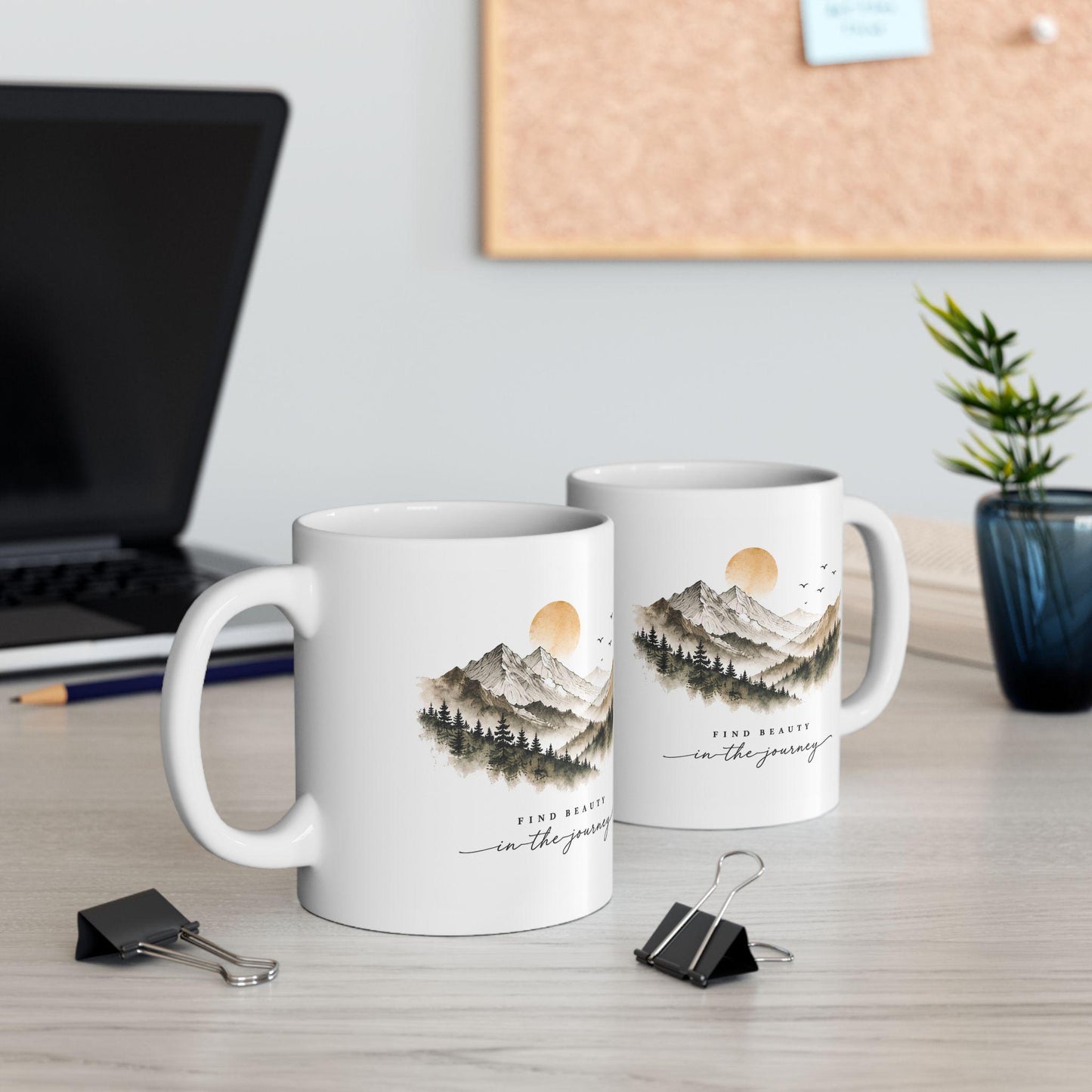 Mountain Landscape Mug | Watercolor Sunrise Mountains with Pine Trees