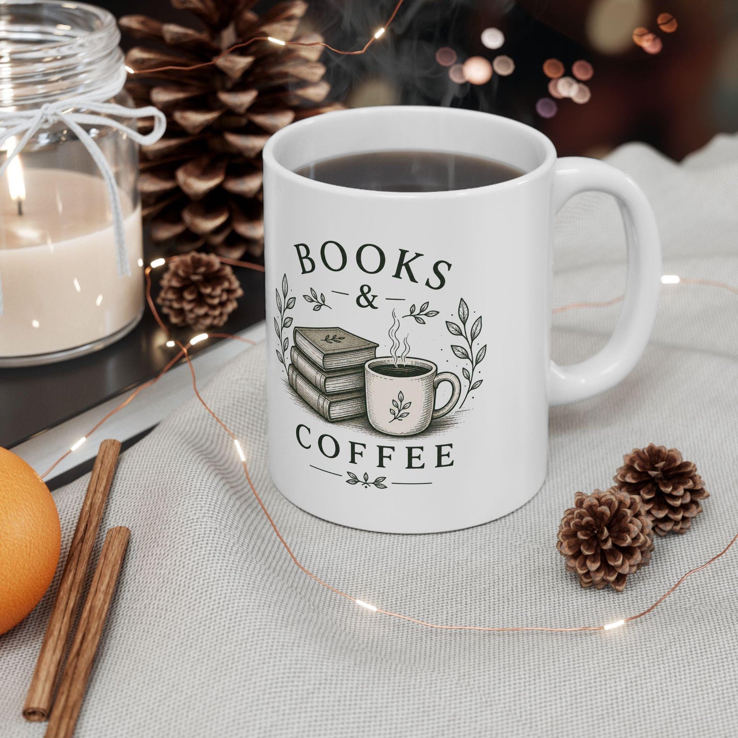 Books & Coffee Ceramic Mug, (11oz, 15oz)