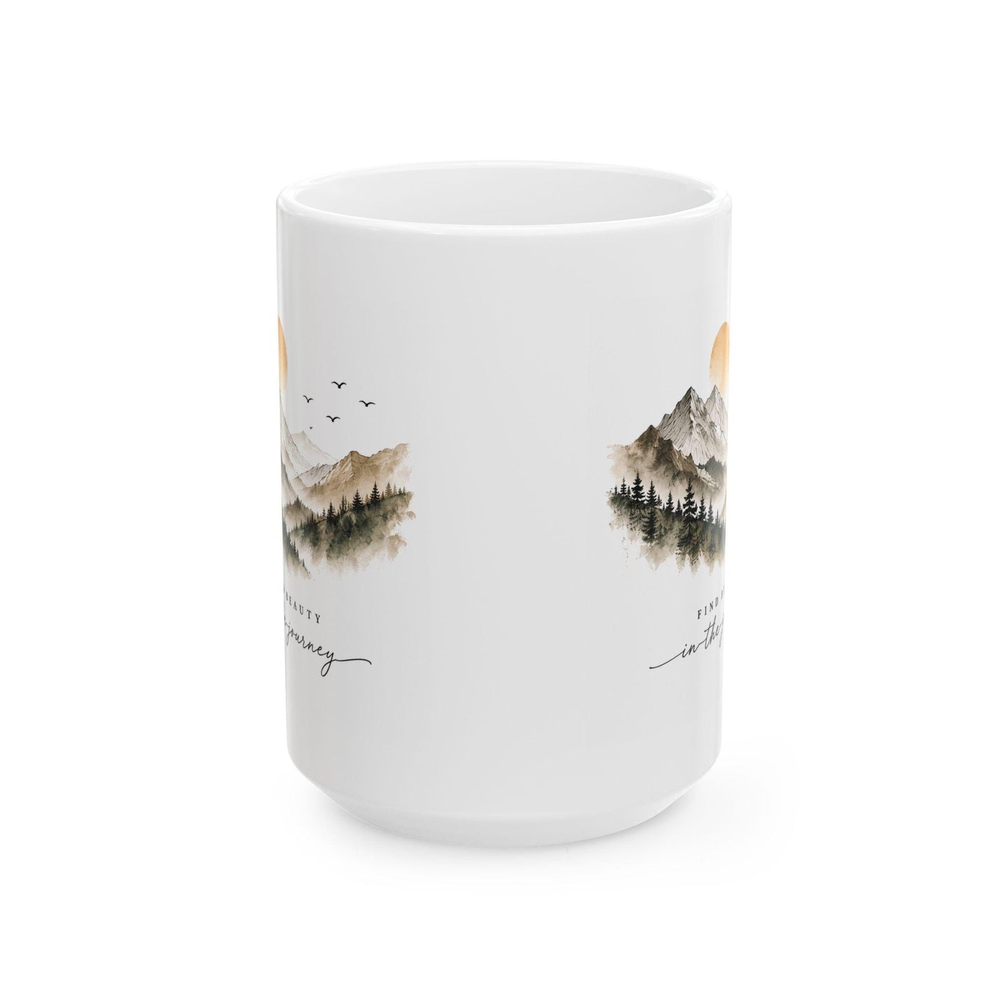 Mountain Landscape Mug | Watercolor Sunrise Mountains with Pine Trees