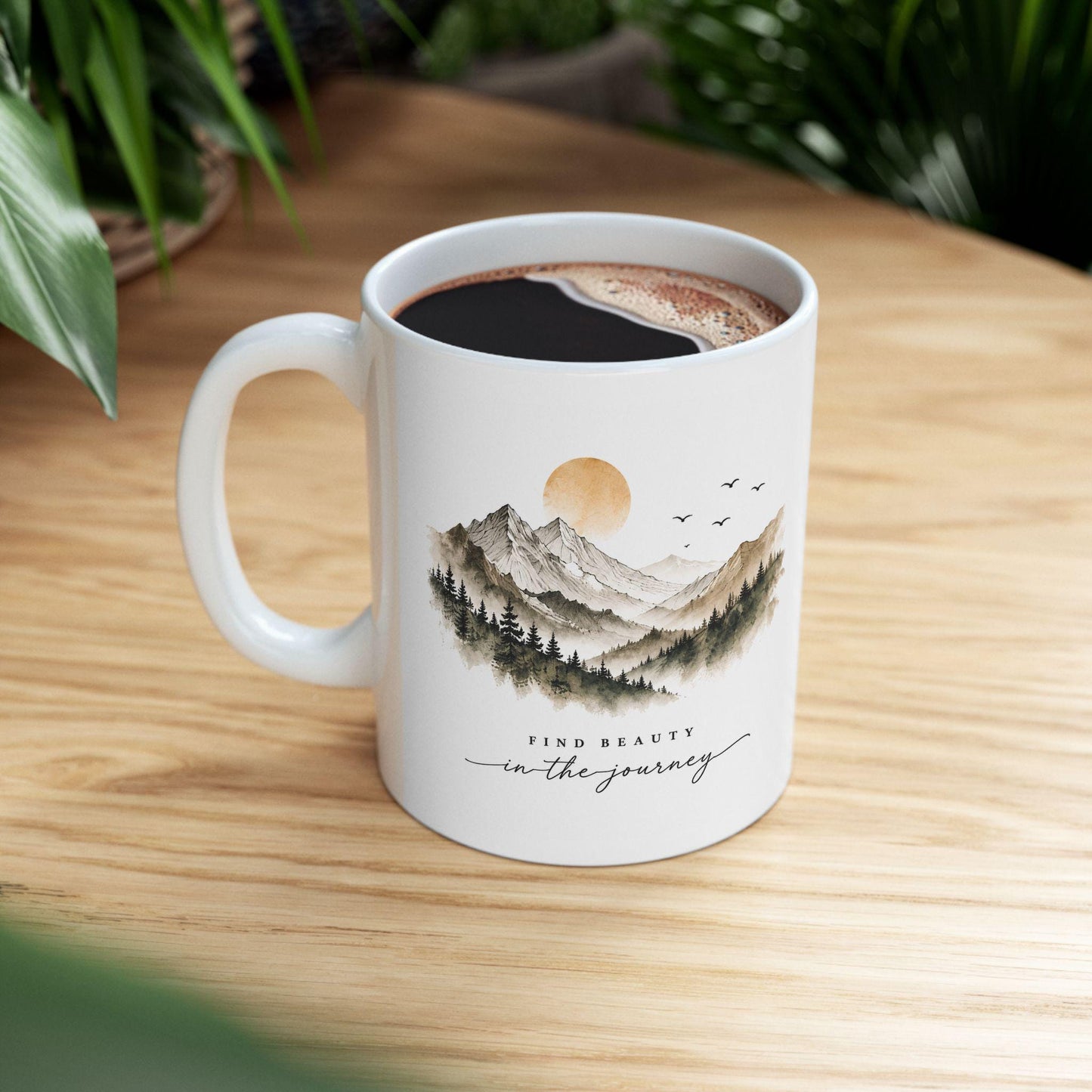 Mountain Landscape Mug | Watercolor Sunrise Mountains with Pine Trees