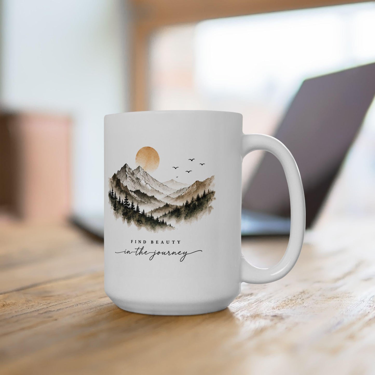 Mountain Landscape Mug | Watercolor Sunrise Mountains with Pine Trees