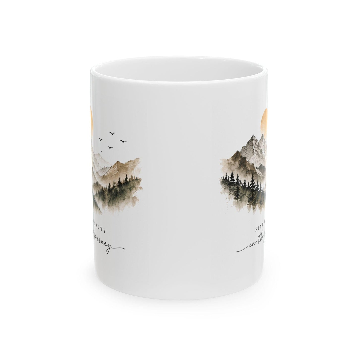 Mountain Landscape Mug | Watercolor Sunrise Mountains with Pine Trees