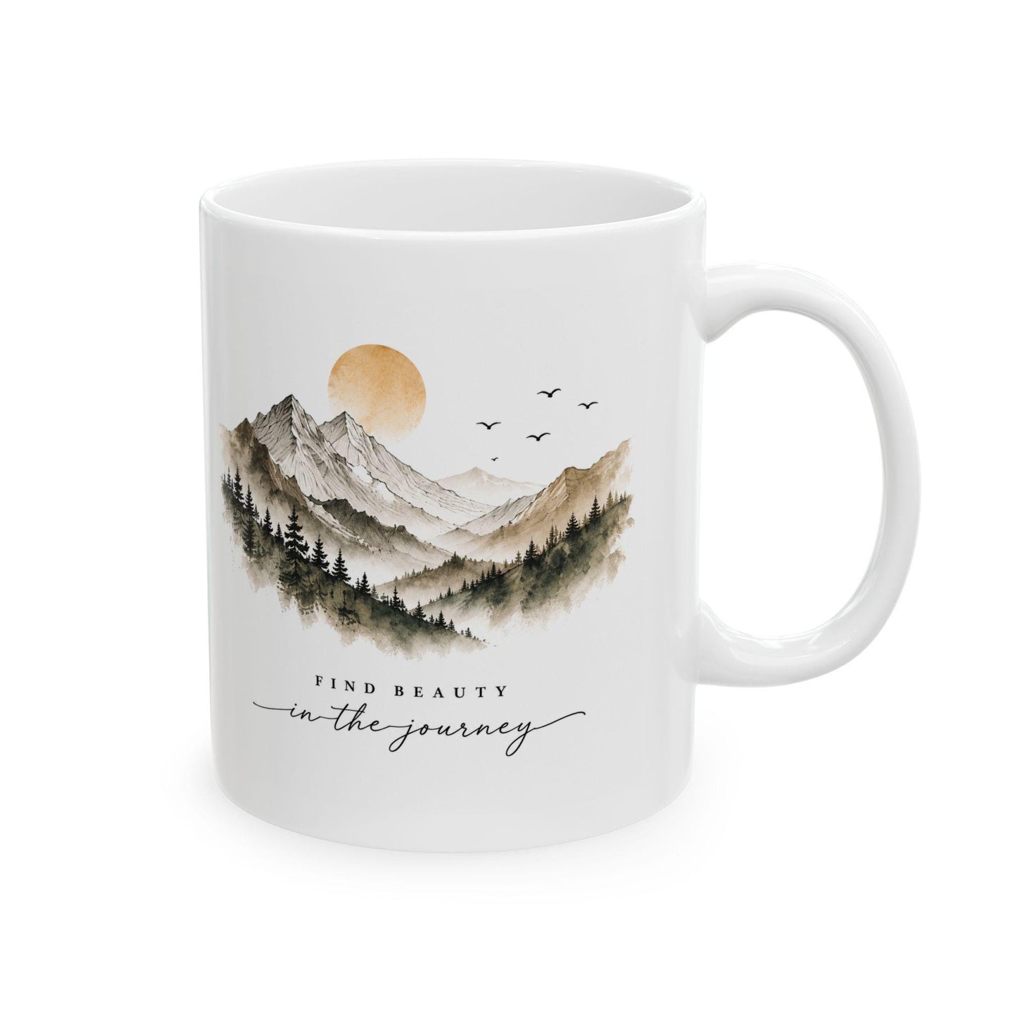 Mountain Landscape Mug | Watercolor Sunrise Mountains with Pine Trees
