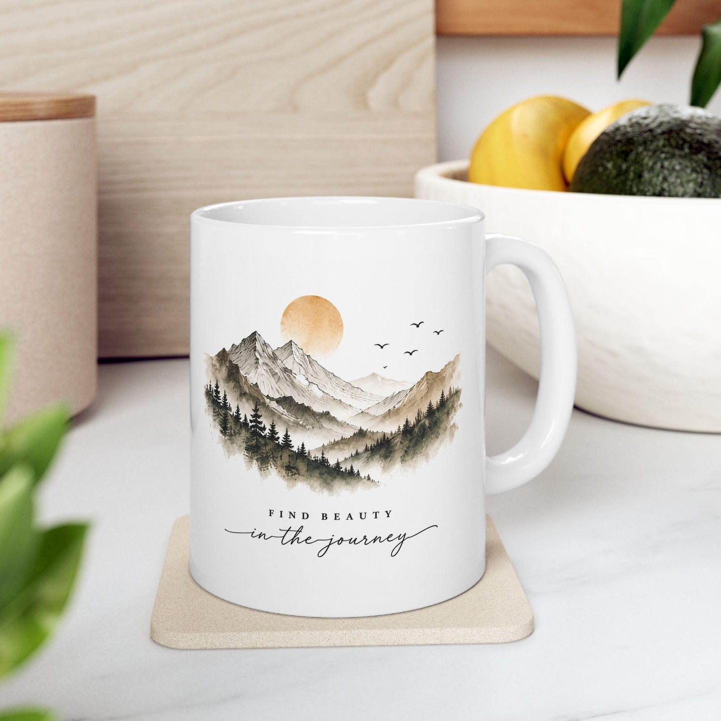 Mountain Landscape Mug | Watercolor Sunrise Mountains with Pine Trees
