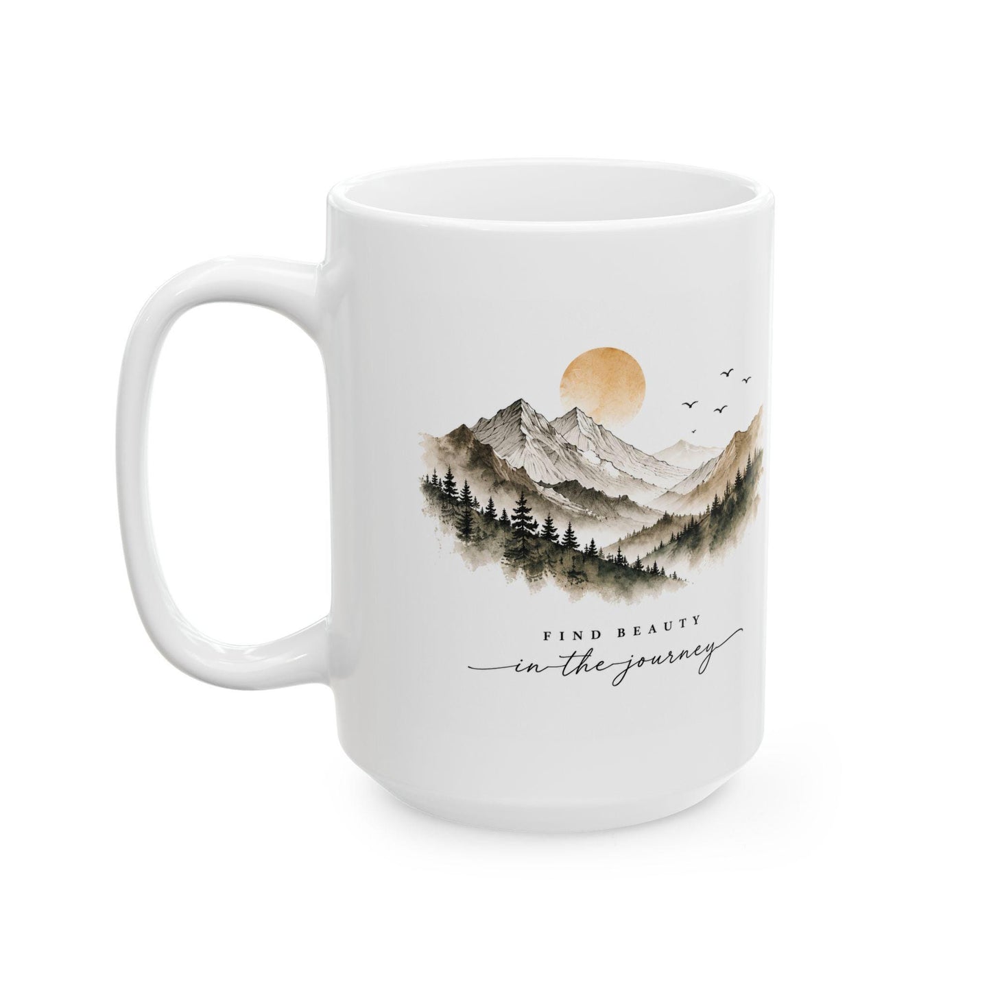 Mountain Landscape Mug | Watercolor Sunrise Mountains with Pine Trees